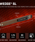 Ultra Thin EDC LED Flashlight With 500 Lumen Burst And 80 Meter Throw on red background with dimensions shown
