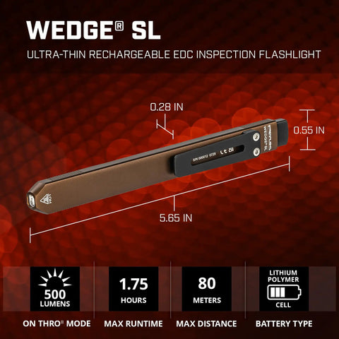 Ultra Thin EDC LED Flashlight With 500 Lumen Burst And 80 Meter Throw on red background with dimensions shown