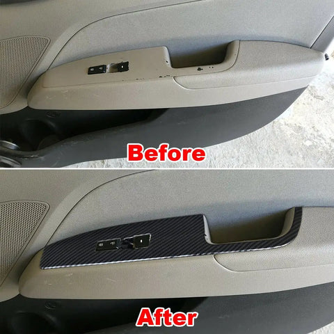 Before and after installation of Four Piece Carbon Fiber Color Door Window Control Panel Cover Trim for Hyundai Elantra 2017-2020