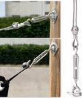 Shade Sail Hardware Kit With One Eighth Inch Wire Rope Measuring 131 Feet For Triangle And Rectangle Sun Shade Sails Outdoor Install Includes Turnbuckles Cables Hooks Clamps Thimbles All In One 243 Pieces Ready To Go showing stainless steel turnbuckles and wire rope attachment details.