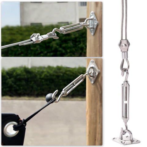 Shade Sail Hardware Kit With One Eighth Inch Wire Rope Measuring 131 Feet For Triangle And Rectangle Sun Shade Sails Outdoor Install Includes Turnbuckles Cables Hooks Clamps Thimbles All In One 243 Pieces Ready To Go showing stainless steel turnbuckles and wire rope attachment details.