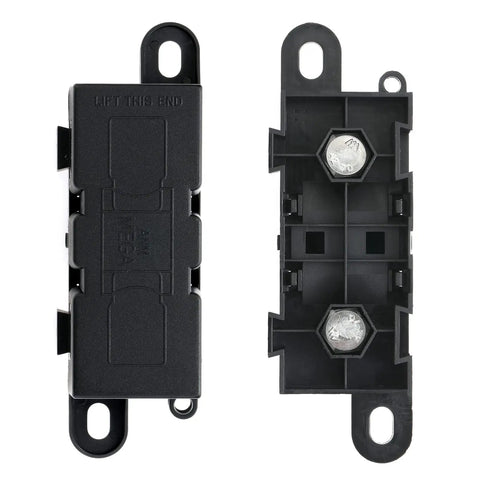 Street Ready Mega Fuse Holder Bolt Down Mount For High Current Anr And Amg Fuses Secured With M8 Hardware, black plastic fuse holder surface view.