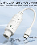 Straight Up POE To USB C Power Only Conversion Adapter Serving Pure 5V DC Juice For Security Cameras And Network Gear Zero Data Pass Through. White 48V to 5V 2.4A Type-C POE converter with RJ45 socket.