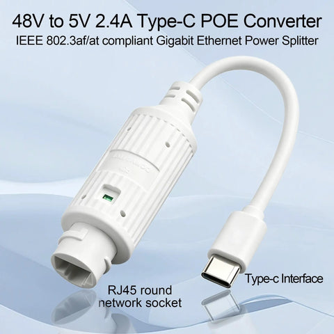 Straight Up POE To USB C Power Only Conversion Adapter Serving Pure 5V DC Juice For Security Cameras And Network Gear Zero Data Pass Through. White 48V to 5V 2.4A Type-C POE converter with RJ45 socket.