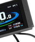 Close-up of KT LCD8H Electric Bike Display Panel with full-color screen showing speed and temperature, featuring durable ABS housing.