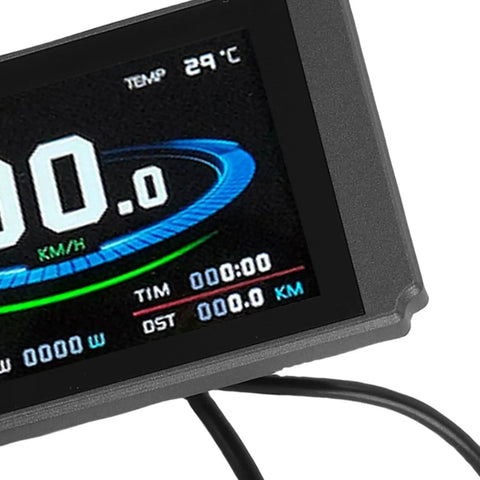 Close-up of KT LCD8H Electric Bike Display Panel with full-color screen showing speed and temperature, featuring durable ABS housing.
