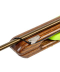 Detail of Woody Elite Custom Pro Grade Speargun for Spearfishing and Freediving with mahogany barrel and stainless shaft close-up