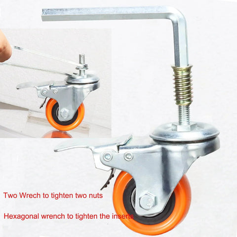 Heavy Duty Stem Casters With PVC Wheels 2 Inch Brake Dual Locking M8 Stem 1 Inch shown with installation tools