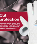 Endura Pro Cut Resistant Leather Safety Work Gloves With 360 Degree ParaActiv Knit Liner ANSI A5 Cut Protection ANSI 3 Heat Protection Arc Flash Guard For Men And Women Heavy Duty Leather Work Gear Pack Of One Pair shown with cut resistance feature