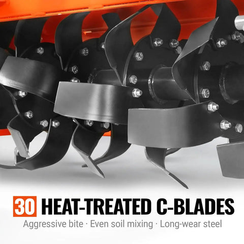 Close-up of 30 heat-treated C-blades on 48 Inch Rotary Tiller For 3 Point Hitch Cat 1 And 2 Gear Drive With PTO Shaft Included