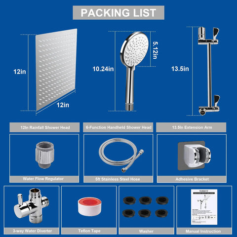 Packing list for Massive 12 Inch Square Rain Shower Head With Handheld Combo, including shower head, handheld, hose, and extension arm.