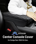 Center Console Cover For Dodge Ram 1500 2500 3500 Buckets, Nappa Leather Armrest Cushion Pad installed in vehicle interior