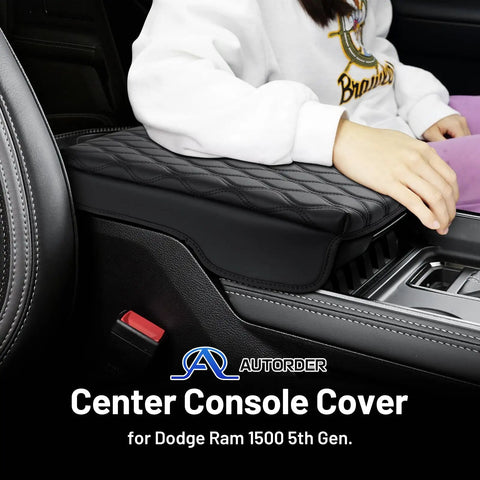 Center Console Cover For Dodge Ram 1500 2500 3500 Buckets, Nappa Leather Armrest Cushion Pad installed in vehicle interior