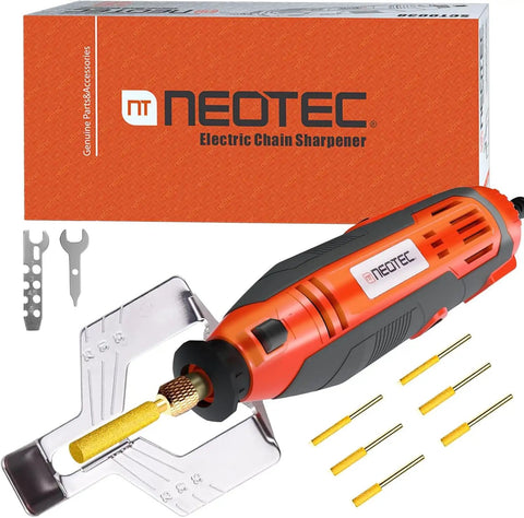 Electric Chainsaw Sharpener Kit with On Saw Quick Sharpening Angle Guide, visible with six titanium diamond bits and accessories.
