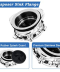 Heavy Duty Ridiculously Tough 3 Bolt Kitchen Sink Flange Kit With Stainless Steel Build And Splash Guard For Garbage Disposal showing premium sink flange and rubber splash guard.