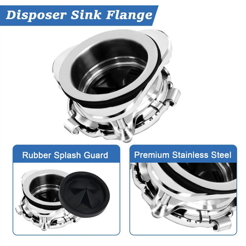 Heavy Duty Ridiculously Tough 3 Bolt Kitchen Sink Flange Kit With Stainless Steel Build And Splash Guard For Garbage Disposal showing premium sink flange and rubber splash guard.