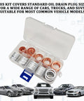 Oil Drain Plug Crush Washer Kit With 100 Pieces Aluminum And Copper Washers in storage case with cars illustration