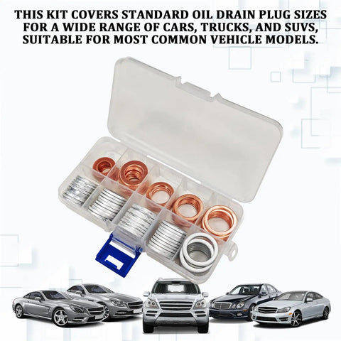 Oil Drain Plug Crush Washer Kit With 100 Pieces Aluminum And Copper Washers in storage case with cars illustration