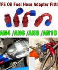 Snag These Premium AN4 Aluminum Hose End Fitting Kits For Your Rig Featuring Zero Four Five Ninety Degree Swivels And Precision Machined Tolerance Fittings Perfect For Brake Air Fuel Or Engine Pipelines With Color Coded Red Blue Options And Universal PTFE oil fuel hose adapter fitting, AN4 aluminum, red and blue, 90-degree swivel