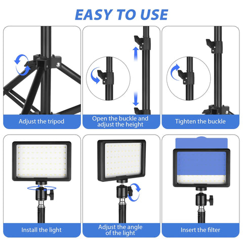 Instructions for Two Pack Dimmable USB LED Video Lights 5600K With Adjustable Brightness And 180-Degree Tilt with tripods and filters.