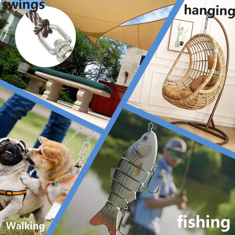 Heavy Duty Double Ended Eye To Eye Swivel Ring 304 Stainless Steel M8 Hardware 2 Pack For Tree Swings Rigging Carabiner Style Dismounting Connectors Rust Resistant High Load Bearing used for swings, hanging chairs, walking pets, and fishing