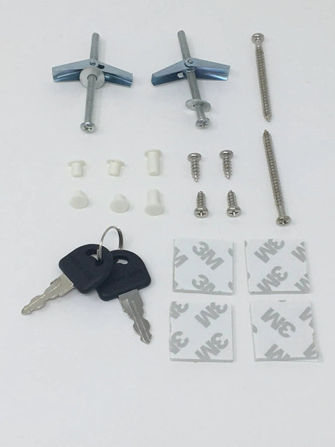 Mounting hardware and keys for Lockable Safe For Meds With Patented Locking Mechanism Steel Reinforced Body Built To Last