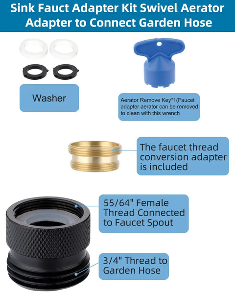 Faucet To Garden Hose Adapter Kit Easy Install Brass Matte Black With Washer And Aerator Key, Female To Male Converter Includes Threads Image