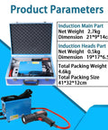 Heavy Duty Induction Bolt Remover And Handheld Induction Heater Tool With 1500 Watts showing dimensions, weights, and included parts in packaging.
