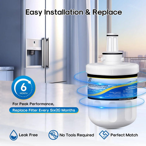 3 Pack Refrigerator Water Filter Replacement For Samsung Models With 0.5 Micron Carbon Block Filtration That Removes 99.99 Percent Turbidity And Sediment Easy Install And Long Lasting Taste beside refrigerator