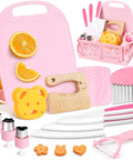 Pink toddler toy knife set with wooden cutting board and kid-safe utensils for pretend cooking.