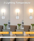 Chrome Battery Operated Wall Sconces Set of 2, showing 3 lighting temperatures in bedroom setting with frosted glass.