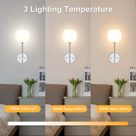 Chrome Battery Operated Wall Sconces Set of 2, showing 3 lighting temperatures in bedroom setting with frosted glass.