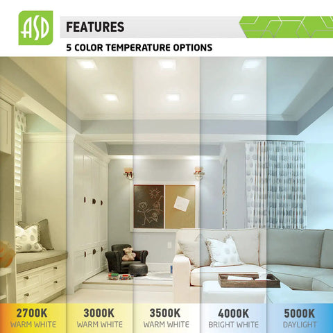 5 color temperatures of 12 Pack 6 Inch LED Square Recessed Light With Integrated Junction Box Easy Install No Fuss Slim Low Profile Canless Recessed Fixture Dimmable 2700K 5000K Adjustable Wet Location IC Rated UL Energy Star showing brightness variations in a living room