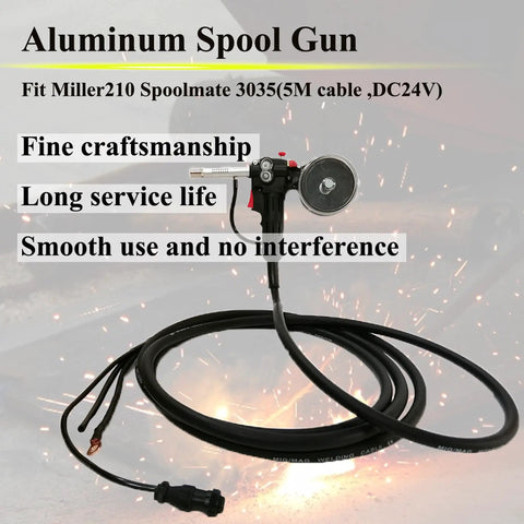Aluminum Spool Gun For Easy Aluminum Welding With 5M Cable DC24V Fits Miller 210 Spoolmate 3035, shown with sparks in background.