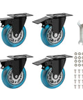 Set of four 2-inch blue polyurethane plate caster wheels with locking brakes and 360° swivel; includes wrench and mounting screws.