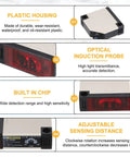 Diagram showing features of the E3JK R4M1 Photoelectric Sensor 3A 12 to 24V DC with plastic housing, optical induction probe, built-in chip, adjustable sensing distance
