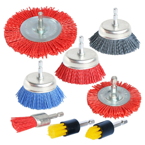 3 Inch Nylon Cup Brush Set for Drill, Assorted Abrasive Cup Brushes With One Quarter Inch Shank, Grit 80 120 320, 8 Piece Kit