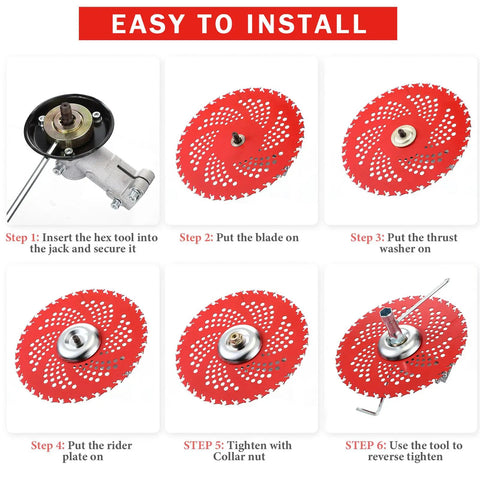 Installation guide for Six Steel Teeth Razor Trimmer Heads And Three Teeth Brush Cutter Blades Set with step-by-step instructions