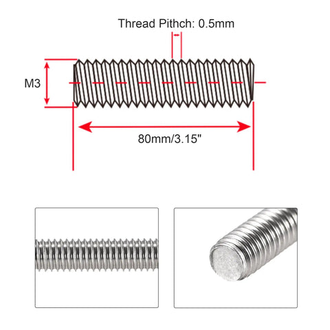 Heavy Duty M3 X 80mm Fully Threaded Rod And Studs Forged From 304 Stainless Steel, showing detailed threading and dimensions.