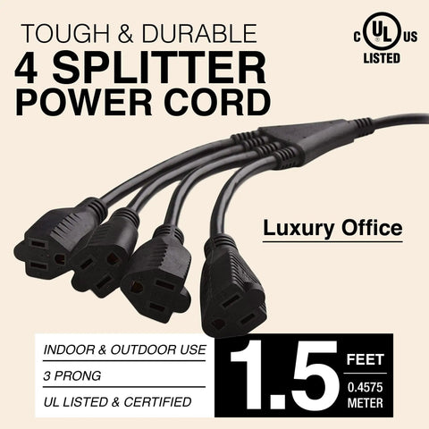 4 Way Power Splitter Turns A Single Outlet Into Four Independent Outlets For A Cleaner Desk Setup With A Compact 1.5 Foot Y Style Extension Cord UL Listed 3 Prong Plug Black SJT 16 AWG