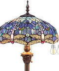 Dragonfly Blue Cloud Tiffany Floor Lamp With Stained Glass Shade, 64 Inch Tall Standing Reading Light, Antique Bronze Base