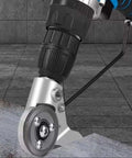 Drill Powered Sheet Metal Cutter And Nibbler Attachment cutting metal with burr-free edges in action, close-up view of tool attachment.