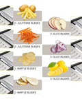 Adjustable Stainless Steel Mandoline Slicer For Kitchen Vegetables With 7 In 1 Blades illustrating julienne, slice, and waffle cuts
