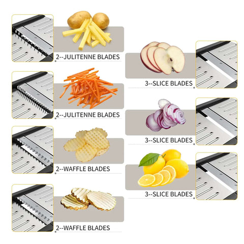 Adjustable Stainless Steel Mandoline Slicer For Kitchen Vegetables With 7 In 1 Blades illustrating julienne, slice, and waffle cuts
