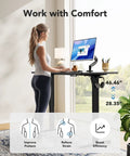 Woman using Electric Standing Desk With Real Deal One Piece Desktop Adjustable Height For Sit Stand Four Memory Settings