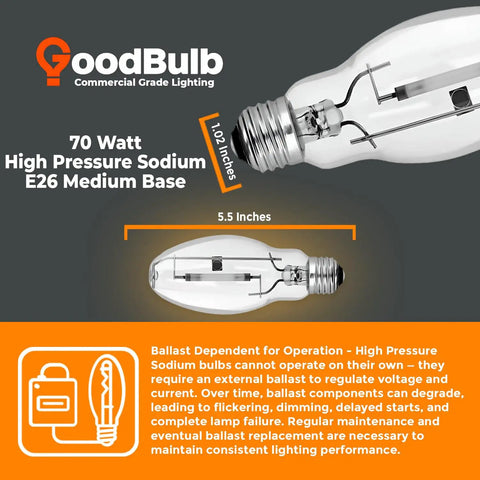70-Watt High-Pressure Sodium HID Light Bulb with E26 Base, 2000K Warm White, showing design features and dimensions.