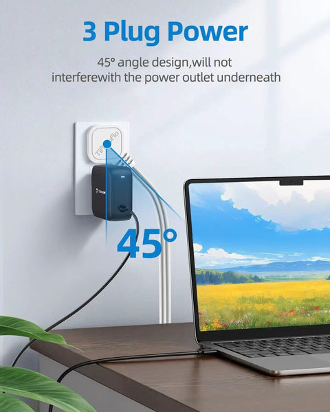 Flat Plug Indoor Extension Cord 6 Foot 3 Prong With Grounded Outlet For Home Office And Travel Space Saving Angled 45 Degree Plug Ultra Thin Flexible Cable 16 AWG 13A 1625W ETL Listed shown plugged into wall outlet with laptop connected, highlighting 45-degree angle design.