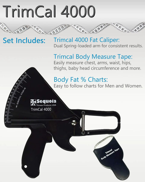 Trimcal 4000 Must Have Body Fat Caliper Kit With Measuring Tape And Fat Percentage Chart For Men And Women Dual Spring-Loaded Calipers Black