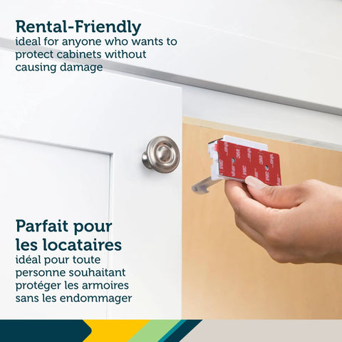 Hand installing Adhesive Cabinet Latch Set 4 Piece For Childproofing White Peel And Stick Easy Install No Tools Required
