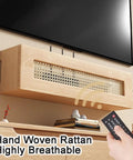 Dope Wall Mounted Rattan Router Cabinet Hides Smart Home Gear Tucked Away For Chill Vibes In Any Space Featuring Breathable Slots For No Sweat Cooling And Smooth WiFi Signals, natural wood finish and remote control.